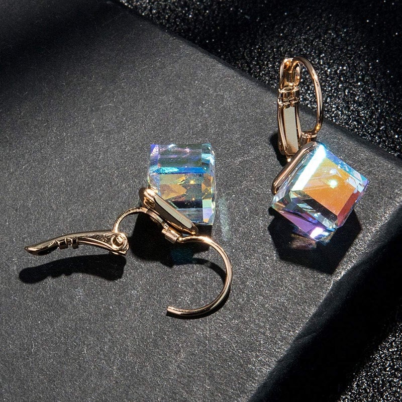 EVEVIC Cube Austrian Crystal Drop Leverback Earrings for Women Fashion 14K Rose Gold Plated Hypoallergenic Jewelry (Aurora Boreali) - Image 5